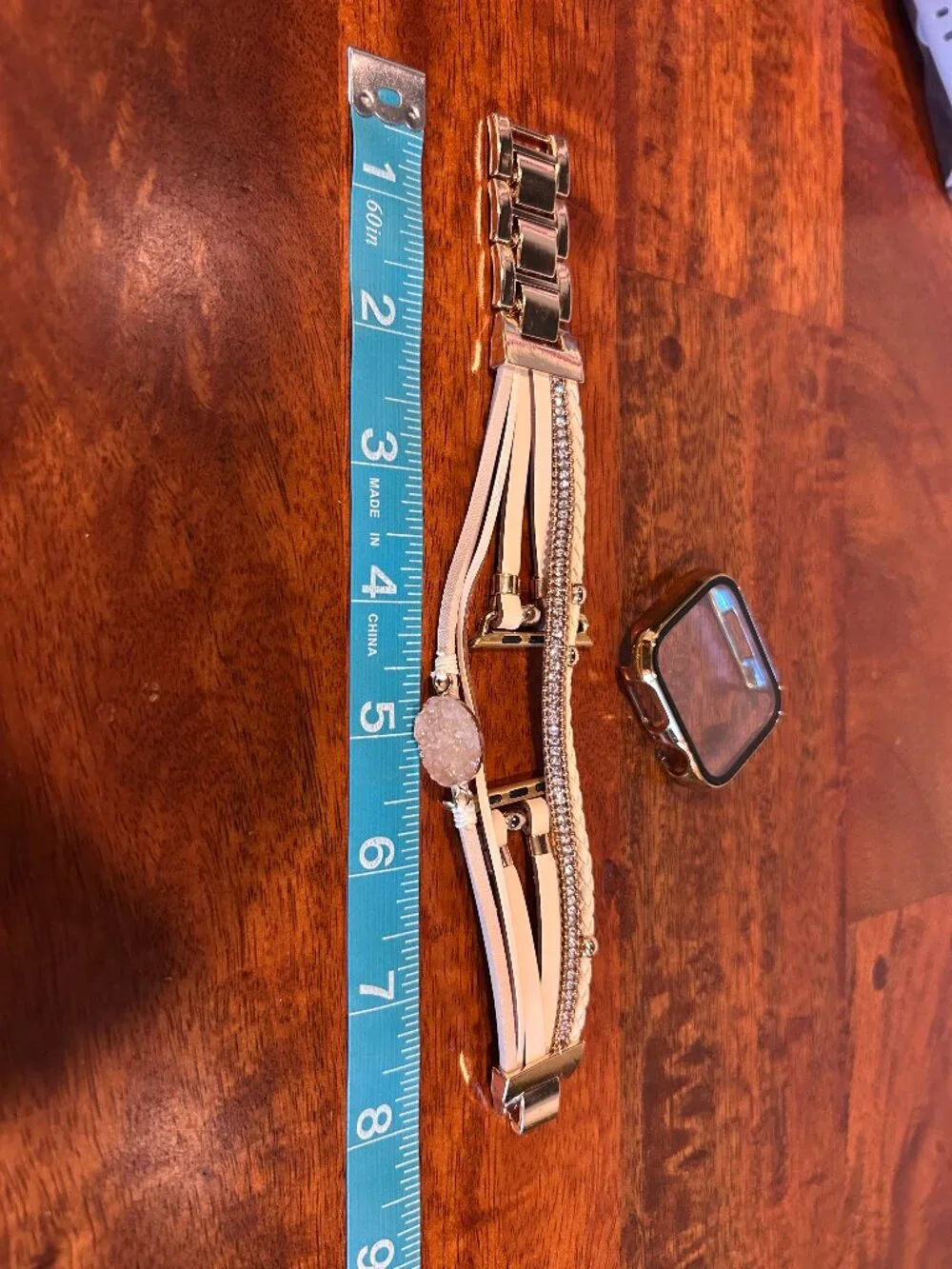 Apple Watch 45mm Series 9/8/7 Gold Tempered Glass Case + Boho Bracelet Band Set